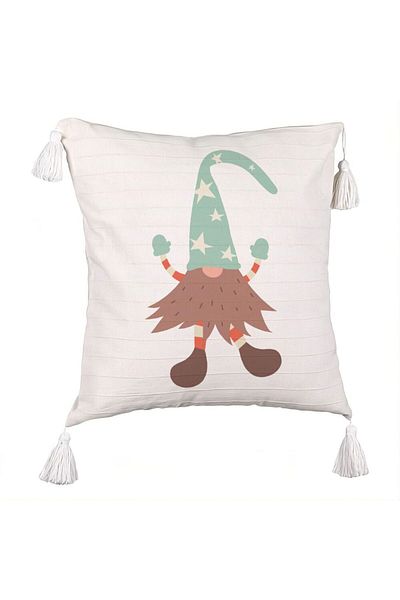 BEKZ Christmas themed decorative pillow with fringes, Gnome 3 45x45 cm, Ecru, With zipper