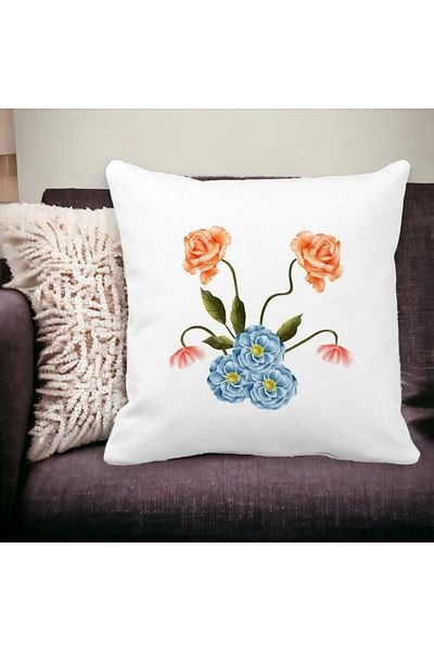 BEKZ Pink and Blue Floral Square Decorative Pillow, 40x40 cm, White, Matte, Removable Cover, Bellows