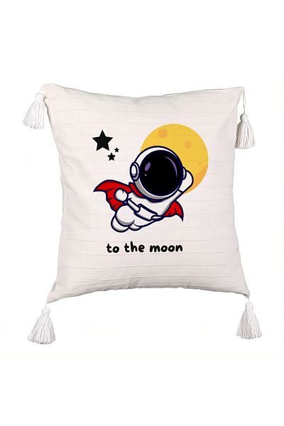 BEKZ Decorative Pillow with Fringes, To the Moon Model, 45x45 cm, Ecru, With zipper