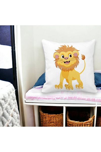 BEKZ Little Lion Children's Square Decorative Pillow, 40x40 cm, White, Matt, Removable Cover, Bellows