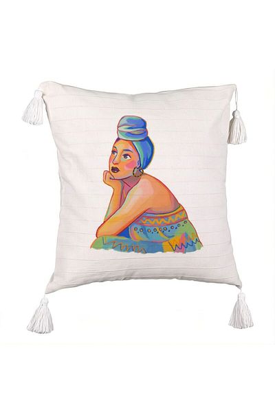 BEKZ Fringed Pillowcase, African Fashion Pattern, 45x45 cm, Ecru, With Zipper