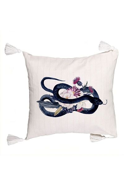 BEKZ Decorative Pillow with Fringes with Halloween Snake and Flowers Motif, 45x45 cm, Ecru, With Zipper