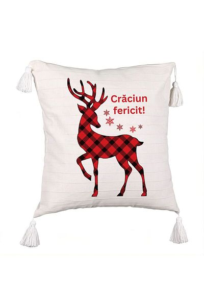 BEKZ Christmas themed Fringed Pillowcase, Reindeer and Text 4, 45x45 cm, Ecru, With zipper