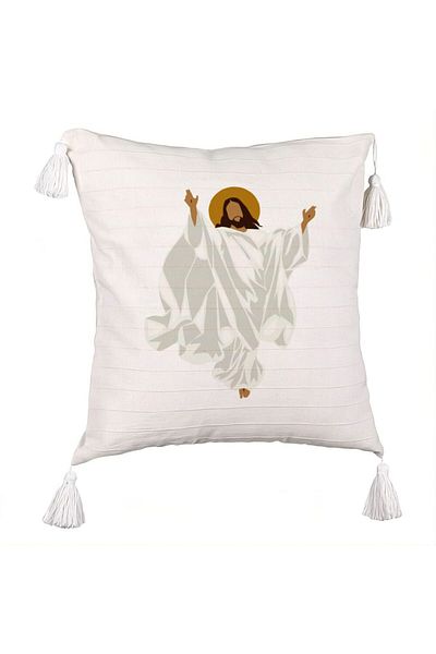 BEKZ Fringed Pillowcase with Christmas Theme, Jesus Christ, 45x45 cm, Ecru, With Zipper