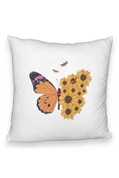 BEKZ Față de pernă pufoasă, model cu fluturi și floarea-soarelui, 40x40 cm, albă