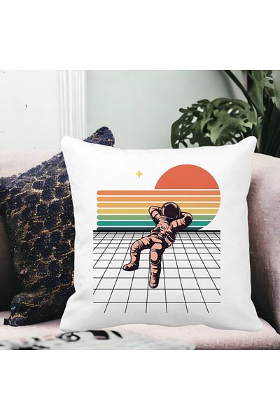 BEKZ Decorative Pillow, Astronaut To the Moon, 40x40 cm, White, Matte, Removable Cover, Bellows