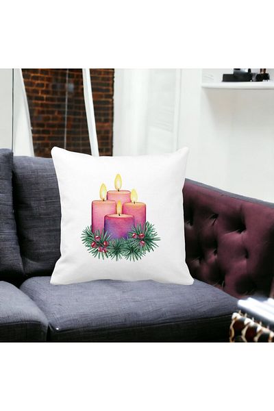 BEKZ Christmas Themed Decorative Pillow, Candles 5, 40x40 cm, White, Matte, Removable Cover, Bellows