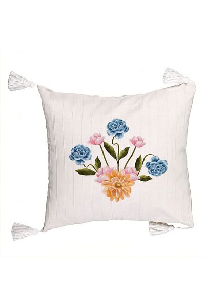 BEKZ Fringed Pillowcase, Pink Gold and Ecru Floral Pattern, 45x45 cm, Ecru, With Zipper