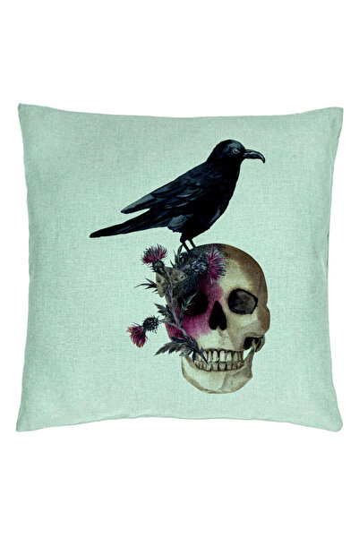 BEKZ Perna Decorativa cu motiv Craniu si Cioara de Halloween, 40x40 cm, Verde Menta, Husa Detasabila, Bur