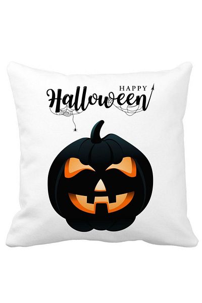 BEKZ Pillowcase With Halloween Pumpkin And Text Motif, 40x40 Cm, White, Matte, Burdu