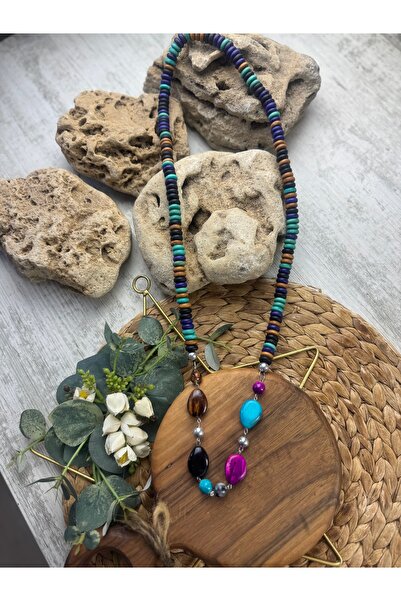 SEDEF TAKI Ahşap el boyaması renkli uzun kolye