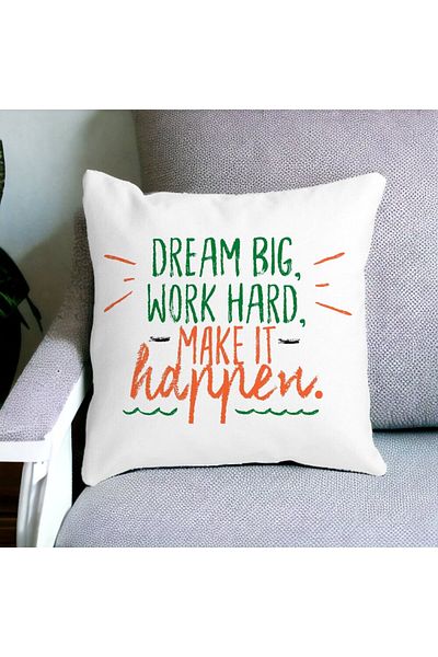 BEKZ Pernă decorativă pătrată Dream Big Work Hard Make It Happen, 40x40 cm, albă, mată, husă detașabilă