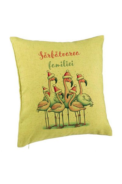 BEKZ Față de pernă cu tematică de Crăciun, flamingo și text 2, 40x40 cm, verde, burdu