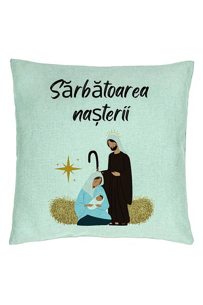 BEKZ Fata de perna cu tematica de Craciun, Sarbatoarea Nasterii 1, 40x40 cm, Verde Menta, Husa Detasab