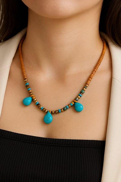 Fildişi Aksesuar Special Design Handmade Women's Necklace with Turquoise Natural Stone (45 cm)