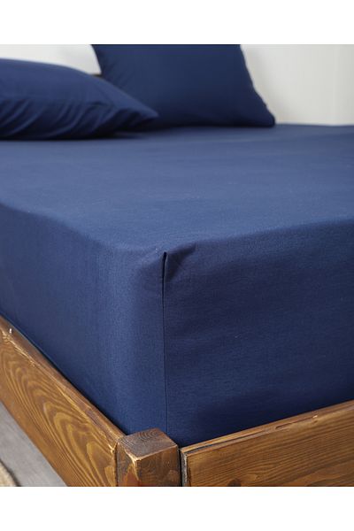 Lio20 Fitted Cotton Fabric Bed Sheet and Pillow Case Set-Elastic-Fade Resistant-Navy Blue