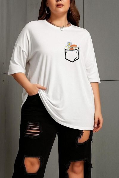BENROMA Plus Size Pocket Flower Printed Unisex T-Shirt