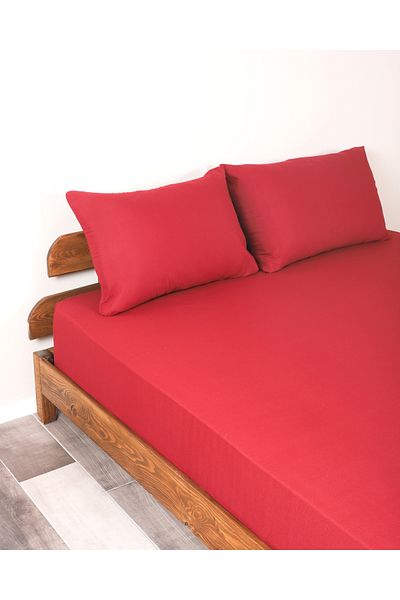 Lio20 Fitted Cotton Fabric Bed Sheet and Pillow Case Set-Elastic-Fade Resistant-Burgundy