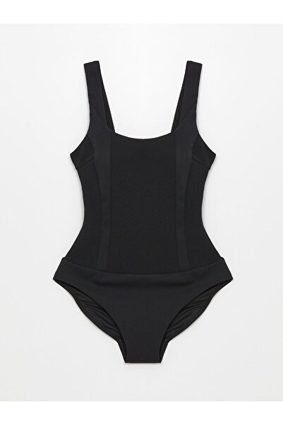 LC Waikiki Μαύρο γυναικείο μαγιό με λαιμόκοψη U και επένδυση με επίπεδη ραφή