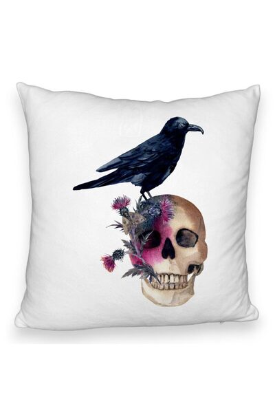 BEKZ Față de pernă pufoasă cu motiv de craniu și cioară de Halloween, 40x40 cm, albă, bur
