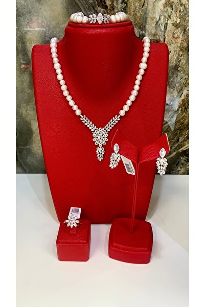 TRİA SİLVER Kültür İnci Seti Taşlı 925 Ayar Gümüş Çiçek Desenli Özel Tasarım ...