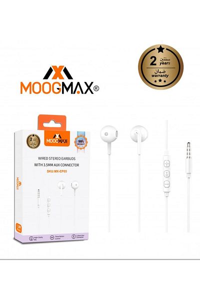 MOOGMAX Wired AUX Earphone with Powerful Sound and Built-in Microphone - Original Screw Design Compatible with Most Devices, White