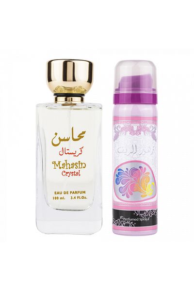 lattafa Set Mahasin Crystal, apa de parfum 100 ml si deodorant 50 ml, femei