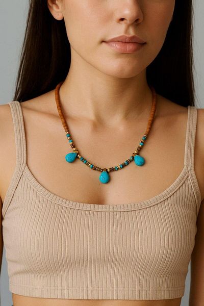 Fildişi Aksesuar Special Design Handmade Women's Necklace with Turquoise Natural Stone (45 cm)