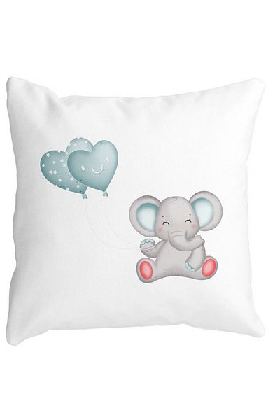 BEKZ Decorative Pillow Elephant and Heart-Shaped Balloons, 40x40 cm, White, Matte, Removable Cover, Bu