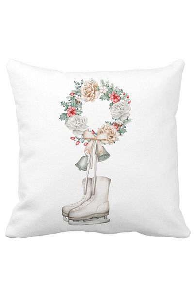 BEKZ Christmas Pillowcase, Ice Skates And Wreath, 40x40 Cm, White, Matte, Burdu