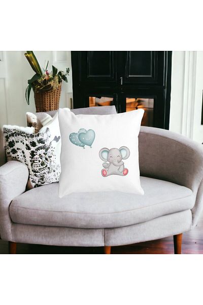 BEKZ Decorative Pillow Elephant and Heart-Shaped Balloons, 40x40 cm, White, Matte, Removable Cover, Bu