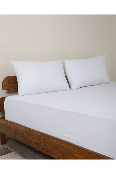 Lio20 Fitted Cotton Fabric Bed Sheet and Pillow Case Set-Elastic-Fade Resistant-White