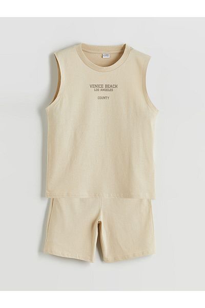 LC Waikiki Beige Crew Neck Boys' Tank Top and Shorts