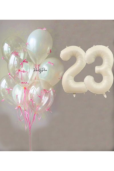 PartyPoo Pink Bow Transparent White Balloon Set + Cream Number Foil Balloon – 11-Piece Birthday Party Ornament