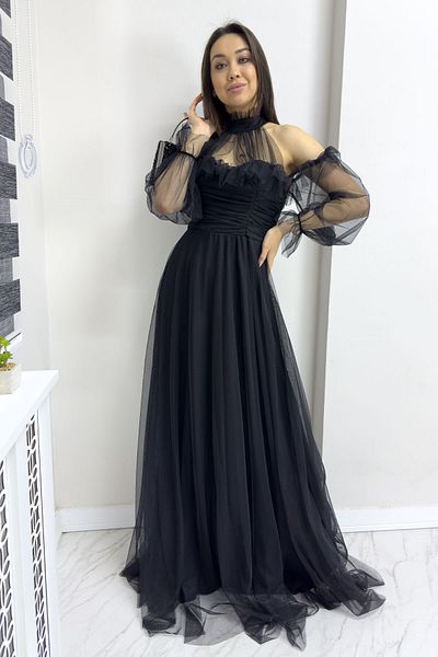 thezkscom Black Tulle Draped Plus Size Evening Dress