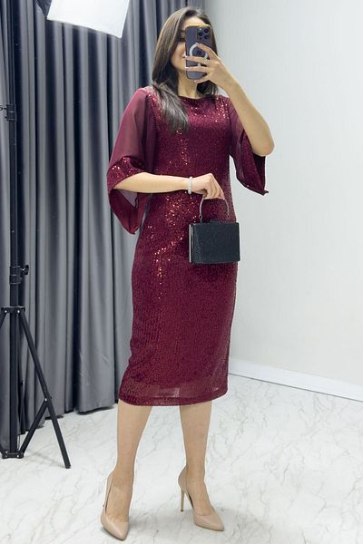thezkscom Women's Midi Length Sequin Chiffon Design Half Sleeve Plus Size Evening Dress Lilac, Burgundy