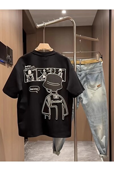 YRN COLLECTION تي شيرت أسود للجنسين للنساء/الرجال مطبوع عليه رقبة دائرية وأكم...