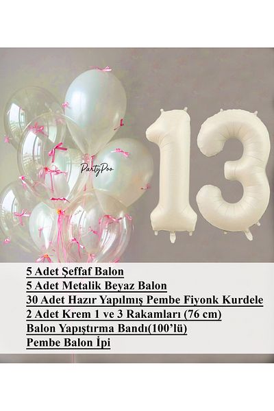 PartyPoo Pink Bow Transparent White Balloon Set + Cream Number Foil Balloon – 11-Piece Birthday Party Ornament