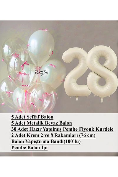PartyPoo Pink Bow Transparent White Balloon Set + Cream Number Foil Balloon – 11-Piece Birthday Party Ornament