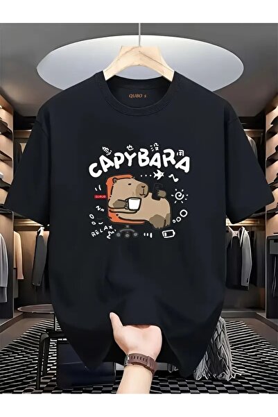 PERISENSE تي شيرت أسود للجنسين للنساء/الرجال مطبوع عليه رقبة دائرية وأكمام قص...