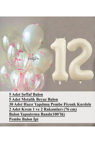 PartyPoo Pink Bow Transparent White Balloon Set + Cream Number Foil Balloon – 11-Piece Birthday Party Ornament