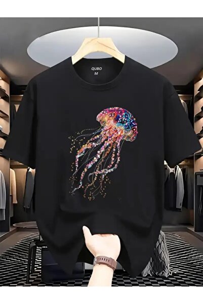 PERISENSE تي شيرت أسود للجنسين للنساء/الرجال مطبوع عليه رقبة دائرية وأكمام قص...