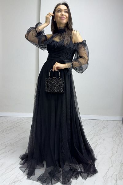 thezkscom Black Tulle Draped Plus Size Evening Dress
