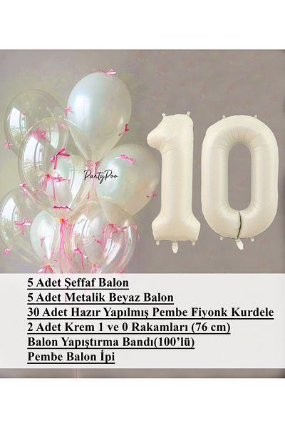 PartyPoo Pink Bow Transparent White Balloon Set + Cream Number Foil Balloon – 11-Piece Birthday Party Ornament
