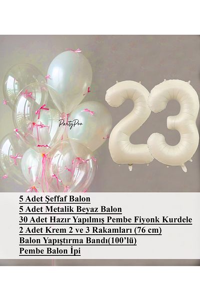 PartyPoo Pink Bow Transparent White Balloon Set + Cream Number Foil Balloon – 11-Piece Birthday Party Ornament