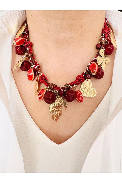 DEVİ fashion Bordo İpli Charm Seramik Kolye 45 cm