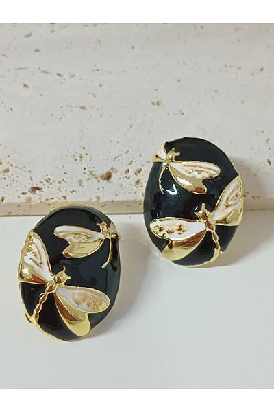 mos&more Black Gold Dragonfly Stylish Earrings