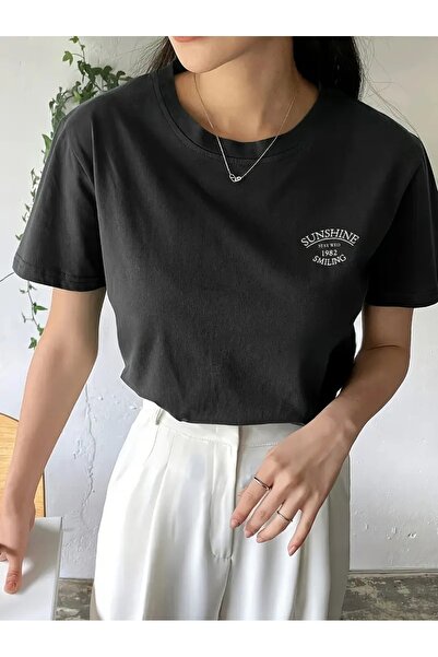 PERISENSE تي شيرت أسود مطبوع كبير الحجم للجنسين للنساء/الرجال