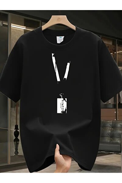 PERISENSE تي شيرت أسود للجنسين للنساء/الرجال مطبوع عليه رقبة دائرية وأكمام قص...