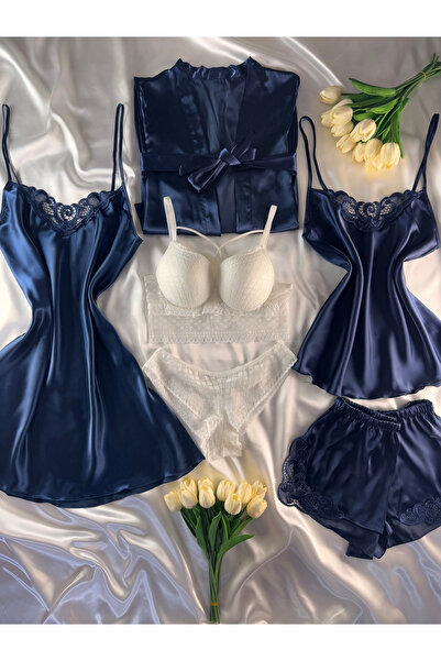 Madame Mercy Kutulu 6 Parça Dev Laciverrt İpeksi Saten Sütyen Gecelik Şortlu Takım Çorap İç Giyim Çeyiz Seti